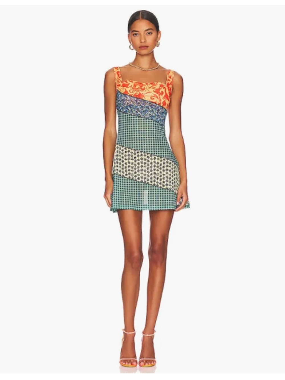 Miaou Multi-Print Patchwork Mini Dress in Green, Orange & Blue